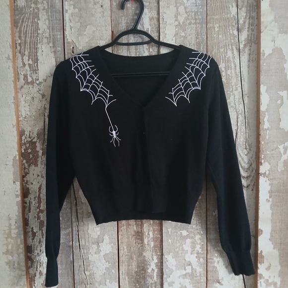 SHEIN Sweaters - SHEIN Black Cardigan with White Spider Web Design